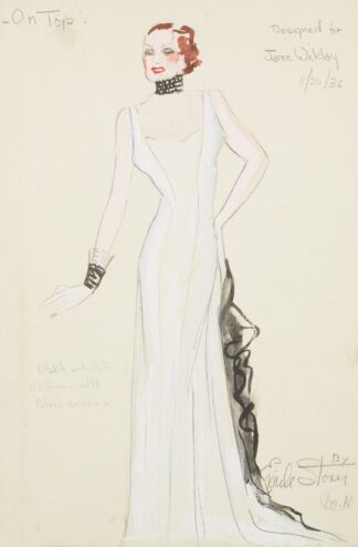 On Top: Designed for Jane Wilday. White gown with black ruffle and black collar and cuff by Emile Stoner