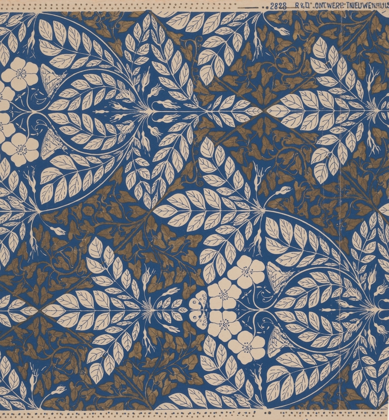 Ontwerp voor behang met bladeren en bloemen by Theo Nieuwenhuis