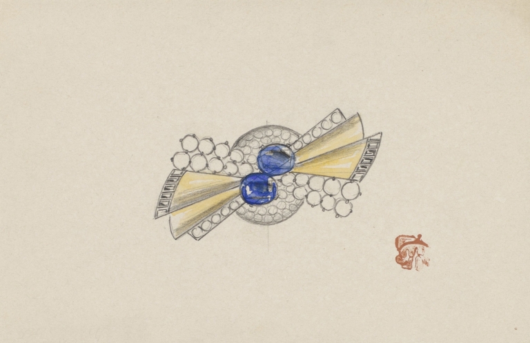 Ontwerp voor een rond juweel met stralen, met goud, saffieren en briljanten by Jules Chadel
