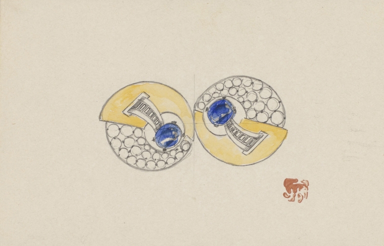 Ontwerp voor juweel, opgebouwd uit twee ronde helften, met goud, saffieren en briljanten by Jules Chadel