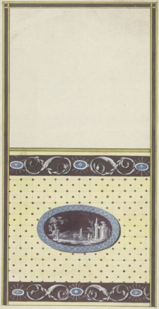 Ontwerp voor kamerversiering met verticaal twee panelen, de onderste met een ruïnelandschap in een liggend ovaal by Abraham Meertens