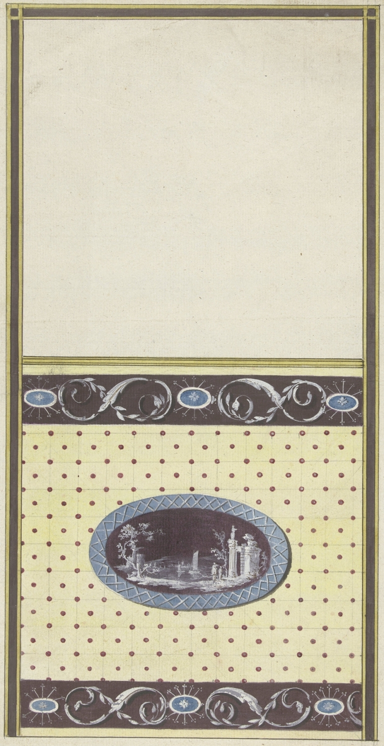 Ontwerp voor kamerversiering met verticaal twee panelen, de onderste met een ruïnelandschap in een liggend ovaal by Abraham Meertens