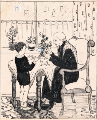 Oude vrouw schikt een boeket by A. Tinbergen