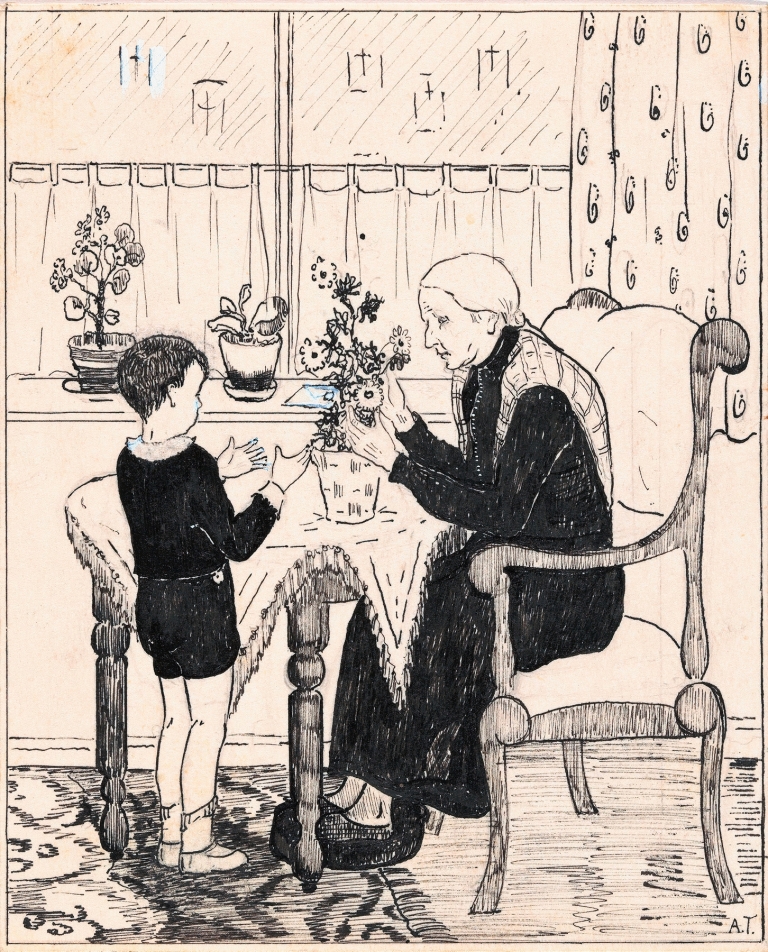 Oude vrouw schikt een boeket by A. Tinbergen