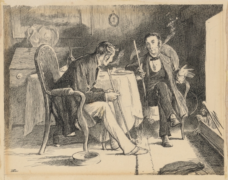 Our Mutual Friend; Two gentlemen holding long pipes, seated before fireplace by James Mahoney