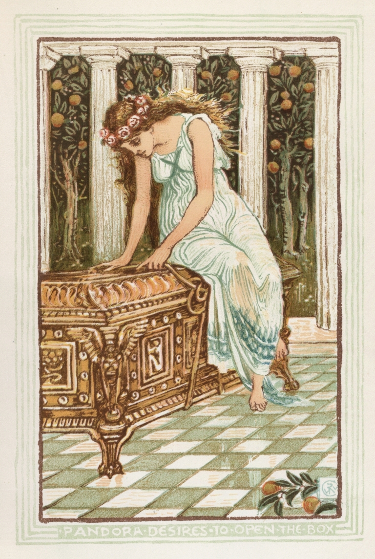 Pandora desires to open the box by Walter Crane