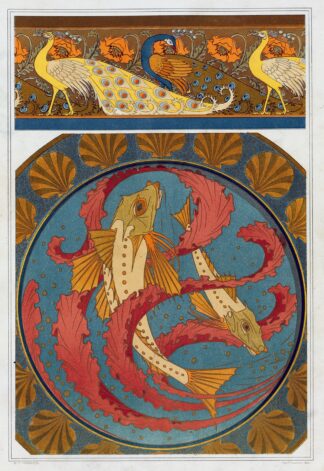 Paons et pavots, bordure. Grondins, algues et coquilles, plat en émail cloisonné. by Maurice Pillard Verneuil