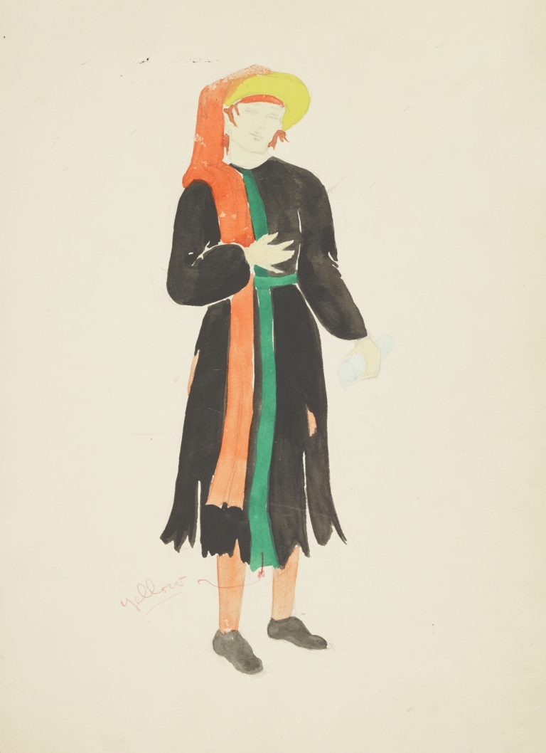 Pierre Patelin: Master Patelin. Ragged black robe, yellow hat, and orange scarf by Miss Lucy