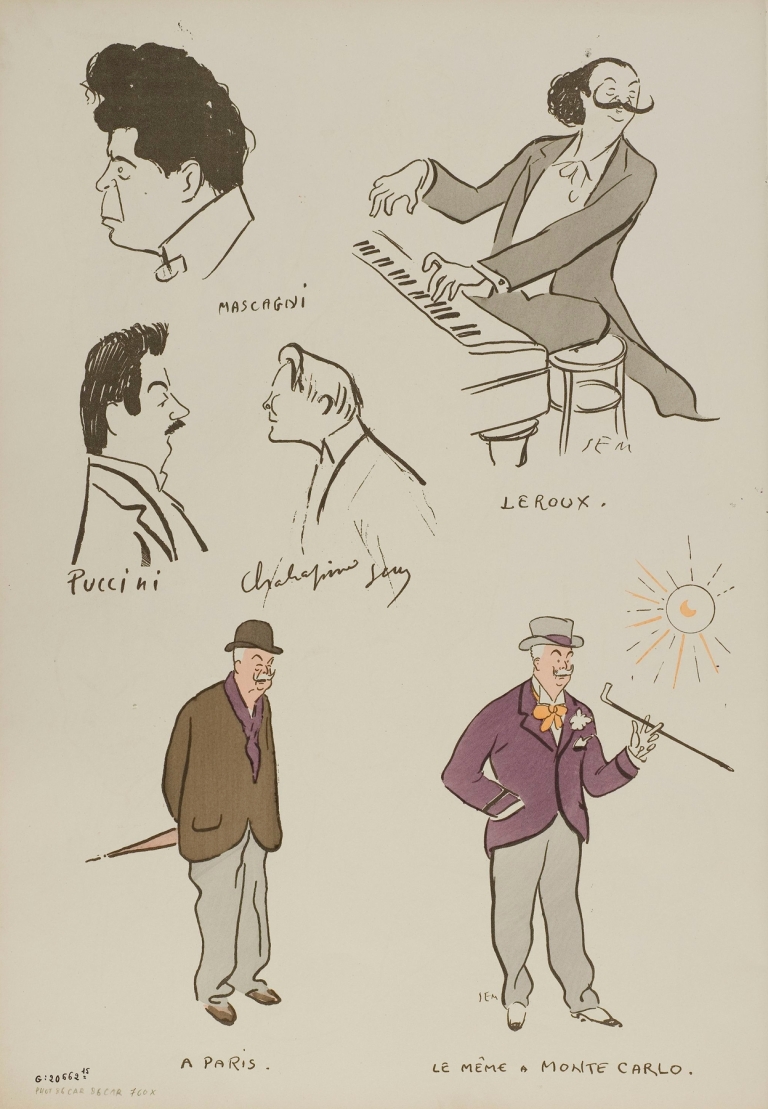 Pietro Mascagni, Xavier Leroux, Giacomo Puccini, Feodor Chaliapine, Enrico Caruso et autres personnages by Georges Goursat (Sem)