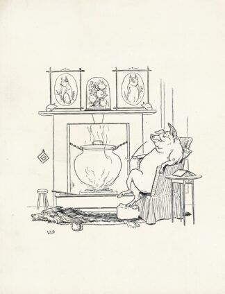Pig sits by the fire on the wolf rug by Leonard Leslie Brooke