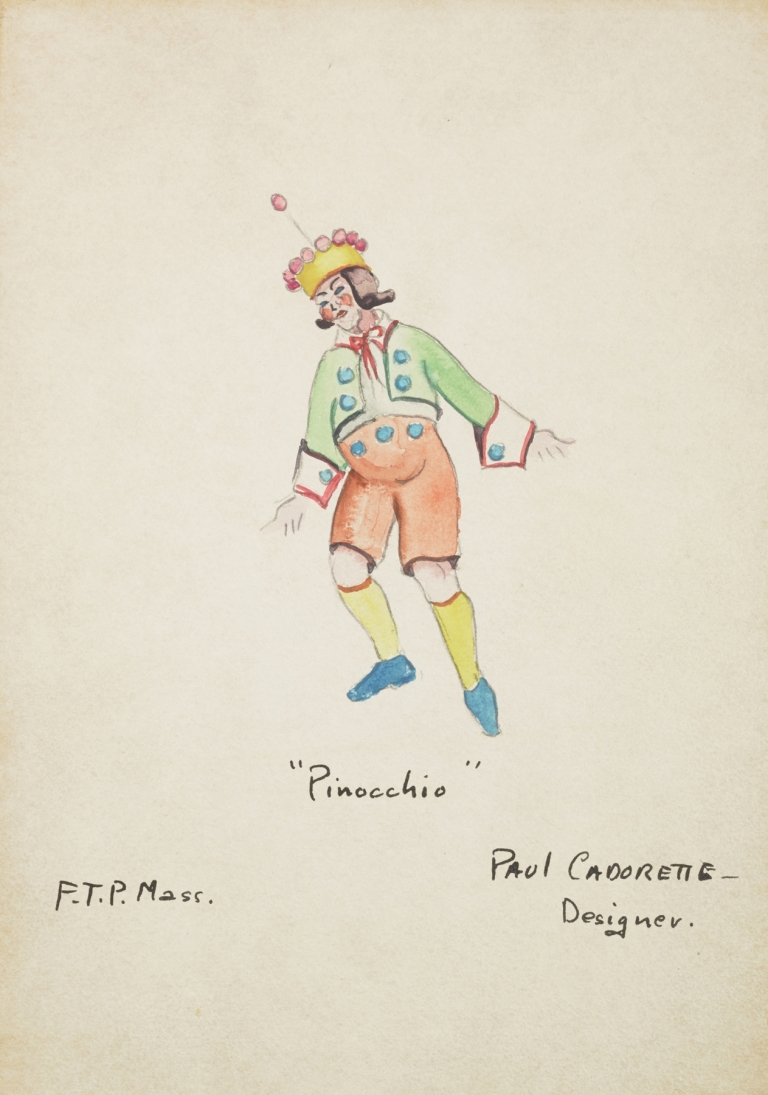 Pinocchio: Green coat, white shirt, peach pants, yellow stockings, and yellow hat by Paul Cadorette
