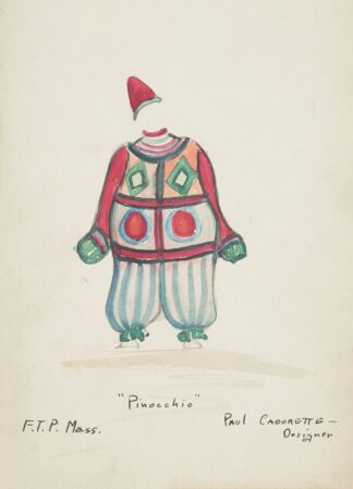 Pinocchio: Striped green and white puffy trousers. Red top with multicolored shapes. Red pointed cap by Paul Cadorette