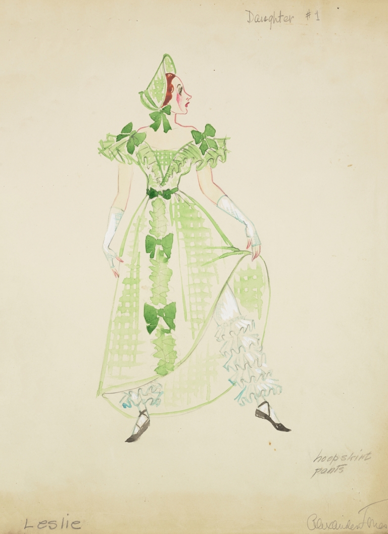 Pirates of Penzance: Daughter #1. Plaid green gown with matching bonnet by Alex Jones
