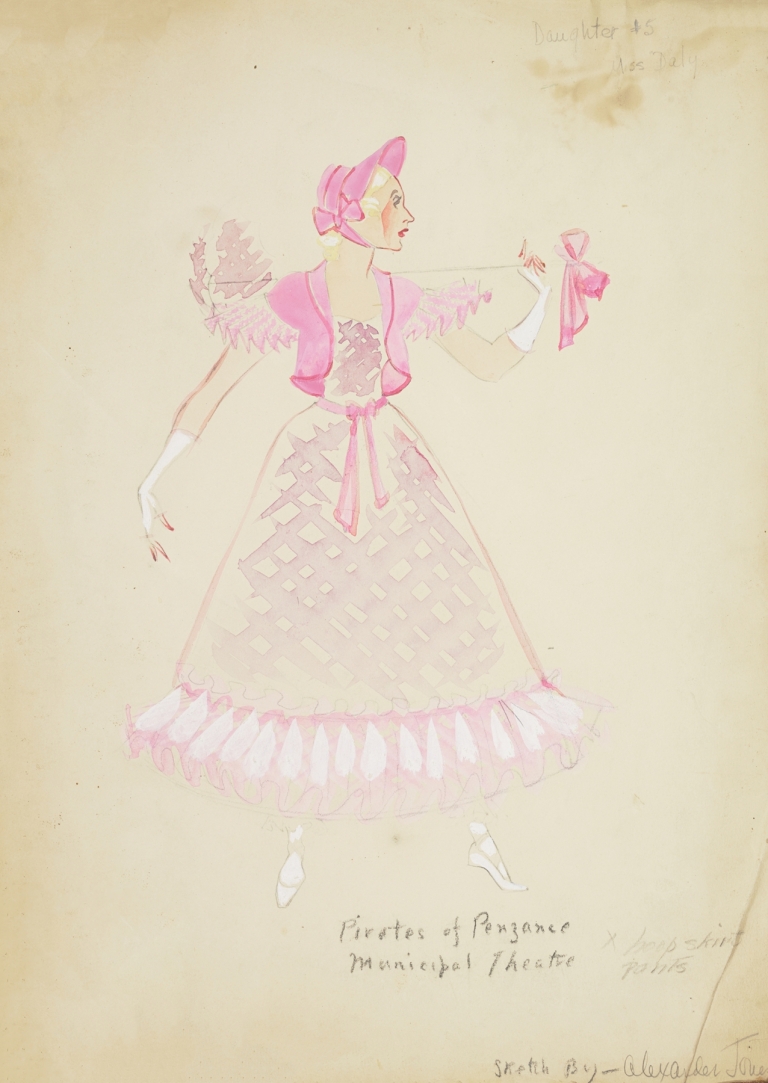 Pirates of Penzance: Daughter #5. Plaid purple gown with pink ruffles and pink jacket by Alex Jones