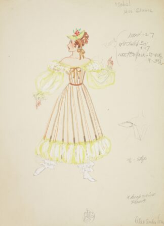 Pirates of Penzance: Isabel. Brown striped gown with yellow sleeves and hem by Alex Jones