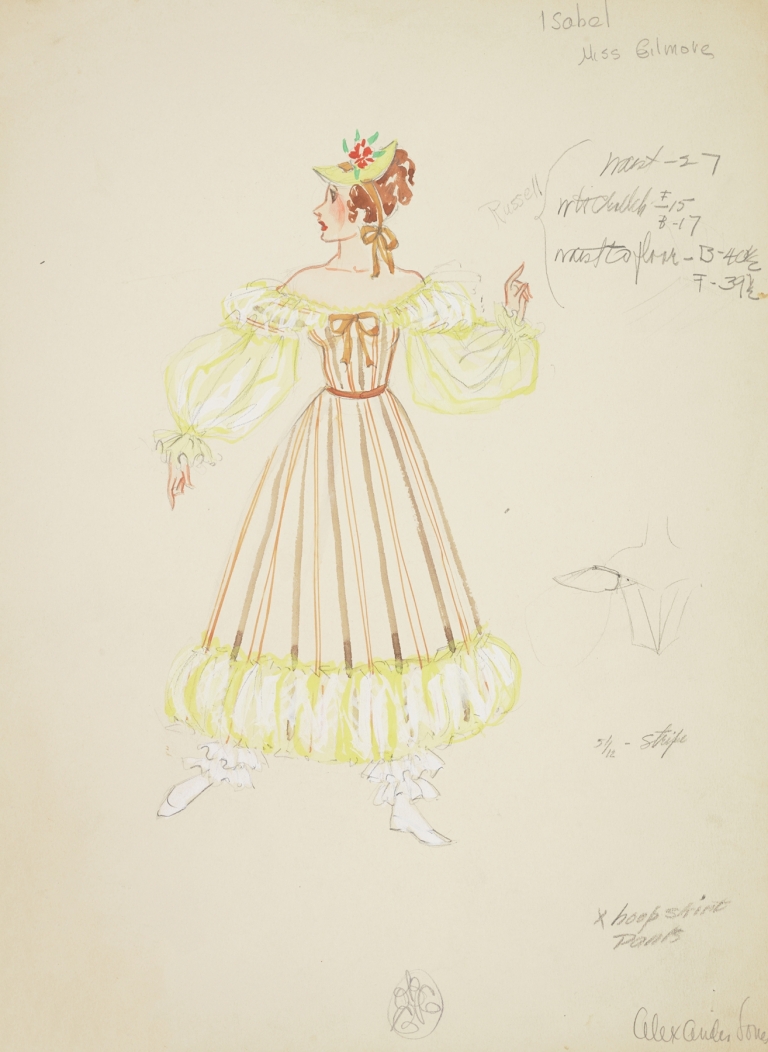 Pirates of Penzance: Isabel. Brown striped gown with yellow sleeves and hem by Alex Jones