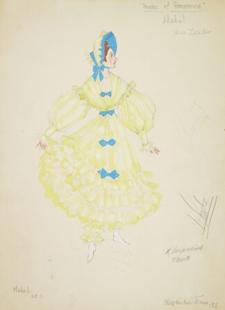 Pirates of Penzance: Mabel. Ruffled yellow gown with blue bows by Alex Jones