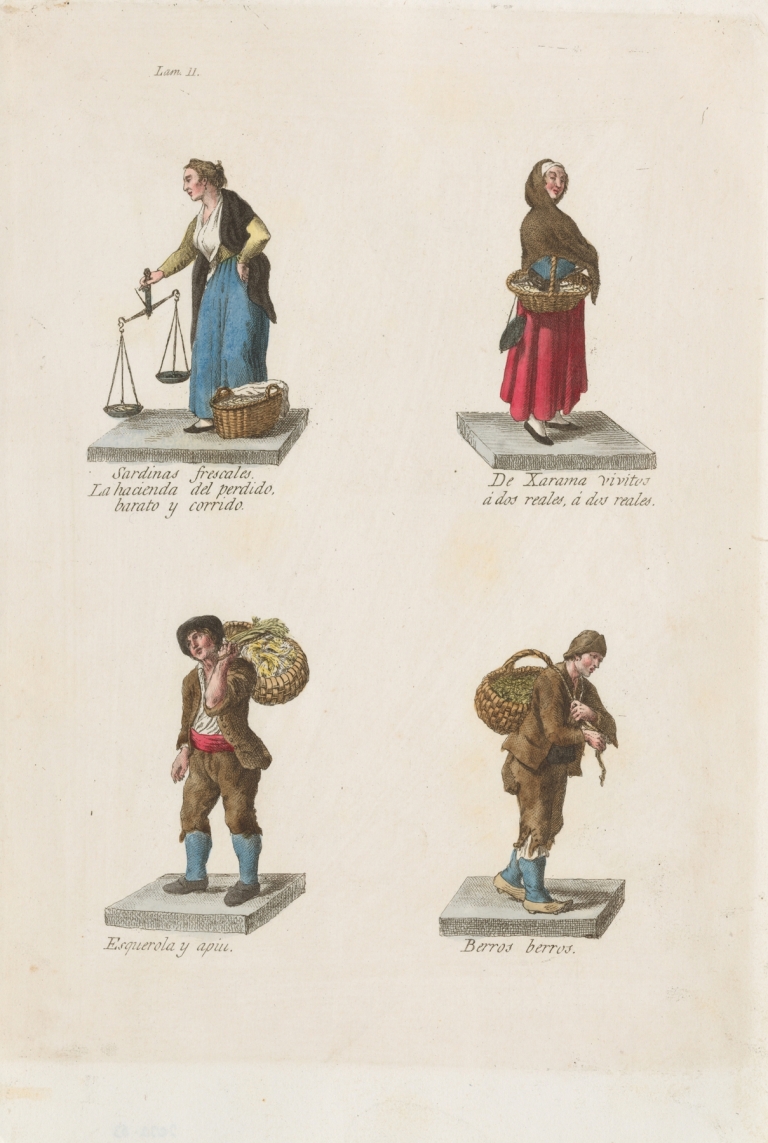 Plate 11; four street vendors from Madrid selling different kinds of fish by Miguel Gamborino