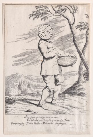 Plate 2; Bertoldo holding a tart in his hand and wearing a sieve on his head by Giuseppe Maria Crespi