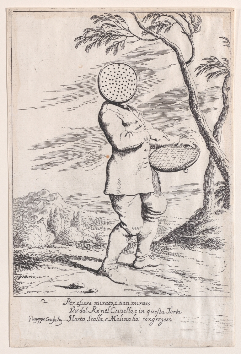 Plate 2; Bertoldo holding a tart in his hand and wearing a sieve on his head by Giuseppe Maria Crespi