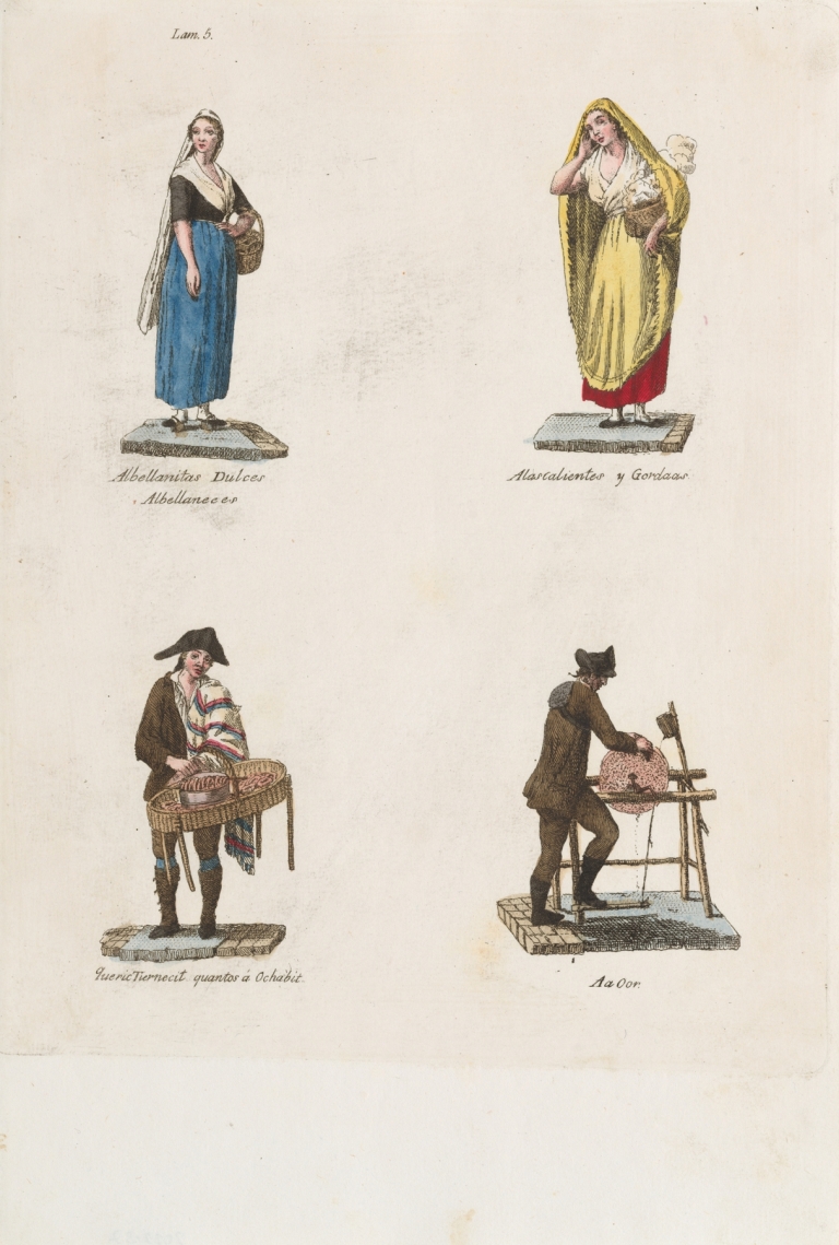Plate 5; four street vendors from Madrid selling sweet albellanitas dulces, alacalienties, tender cuts and a knife grinder by Miguel Gamborino