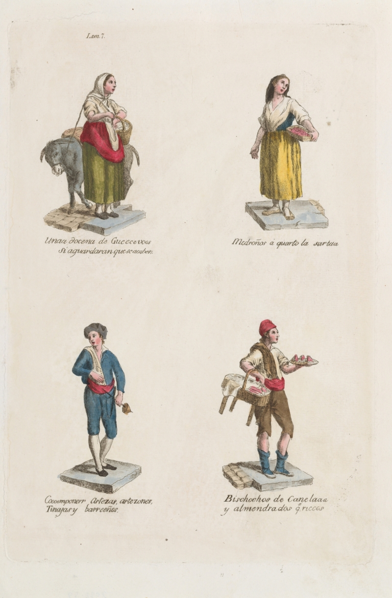 Plate 7; four street vendors from Madrid selling eggs, straweberries, containers, cinamon flavored sweets by Miguel Gamborino