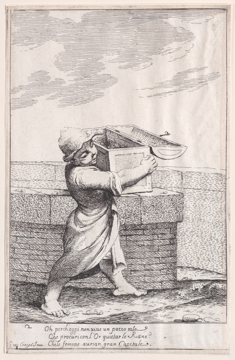 Plate 8; Bertoldino, enraged by the croaking frogs, throws his strongbox into the fish pond by Giuseppe Maria Crespi