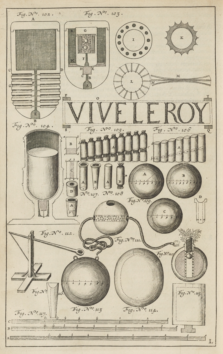 Plate L: Fireballs shot from a mortar: crackers: military hand grenades: military mortar-fired grenades: military grenade parts and instruments by Jacob van Meurs