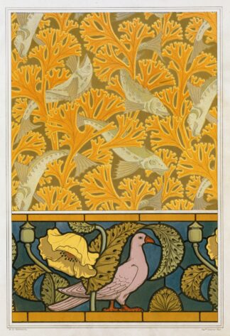 Poisson et algues, papier peint; pigeon et pavots, bordure de vitrail by Maurice Pillard Verneuil