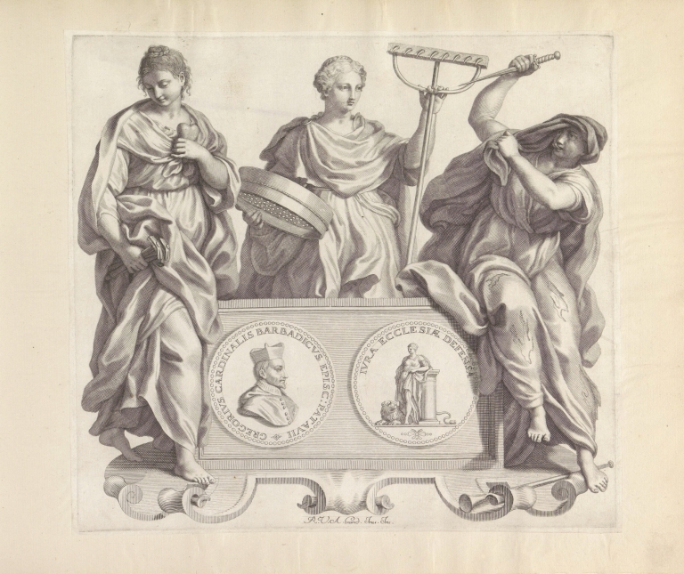 Portret van Gregorio Barbarigo en de personificaties van Kwelling, Onderscheid van goed en kwaad en Achterklap by Robert van Audenaerde