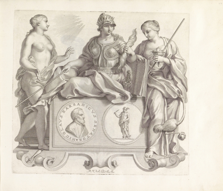Portret van Nicolo Barbarigo en de personificaties van Welsprekendheid, Waarheid en Waakzaamheid by Robert van Audenaerde