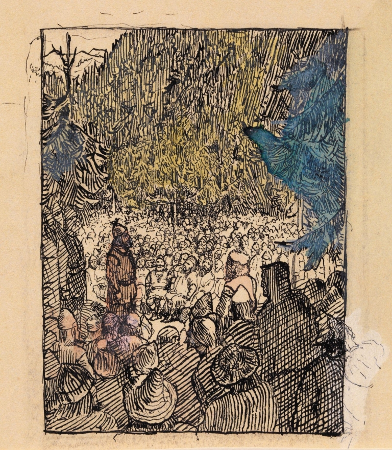 Preparation for illustration in Snorre Sturlason, Kongesagaer by Christian Krohg