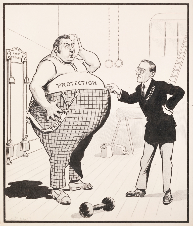 President Woodrow Wilson in a gym, trying to get an overweight man representing Protection Trust back into shape by Samuel Ehrhart