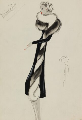 Redingote noire avec torsade de fourrure noire et blanche en bordure by M. P. Leven
