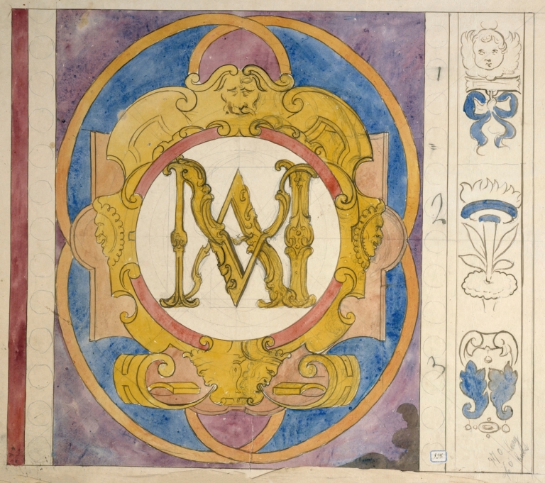 Relevé d’un panneau de vitrail du XVIIe siècle orné d’un monogramme by Prosper Lafaye