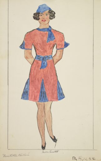 Run Little Chillun: Sue Scott. Short red dress with blue panels, and matching blue cap by B. House