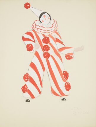 Runaway Clown: Orange and white clown jumper with large orange puff balls, white ruff, and white conical hat by Anonymous