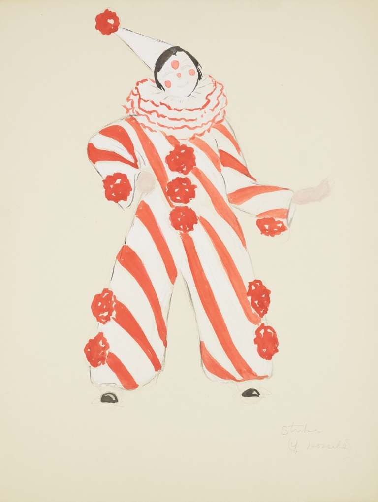 Runaway Clown: Orange and white clown jumper with large orange puff balls, white ruff, and white conical hat by Anonymous