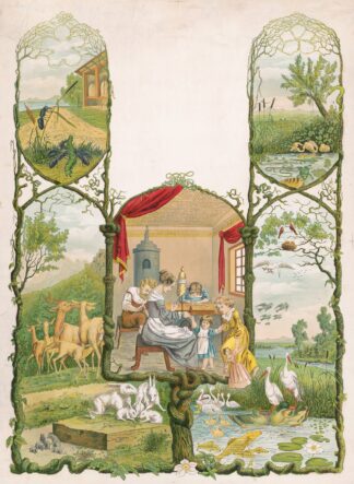 Scene of family working at home surrounded by scenes of forest animals by Anonymous