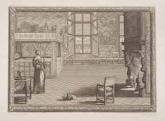 Scene of woman in a bedroom holding a tray with a glass by André-Charles Boulle