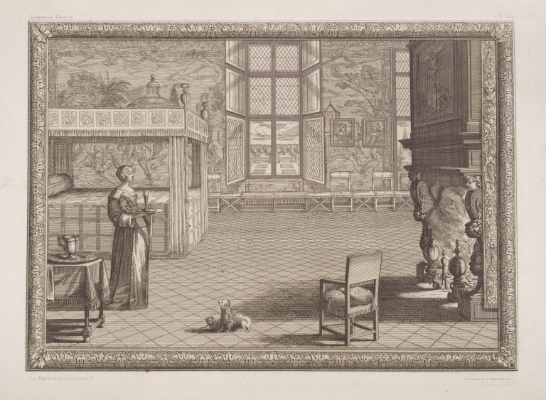 Scene of woman in a bedroom holding a tray with a glass by André-Charles Boulle