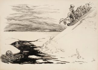 Several men on a toboggan slide down a slope towards a hole in the ice below by William Henry Walker