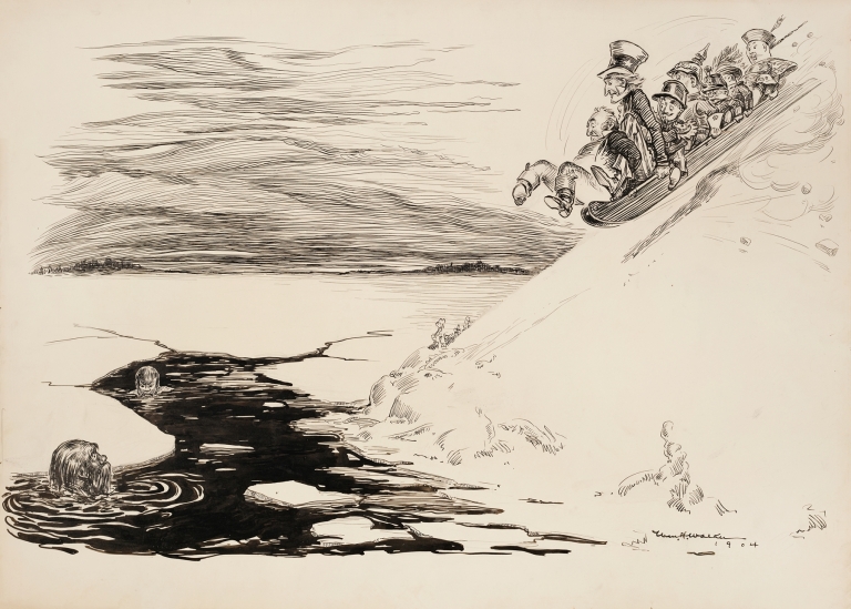 Several men on a toboggan slide down a slope towards a hole in the ice below by William Henry Walker