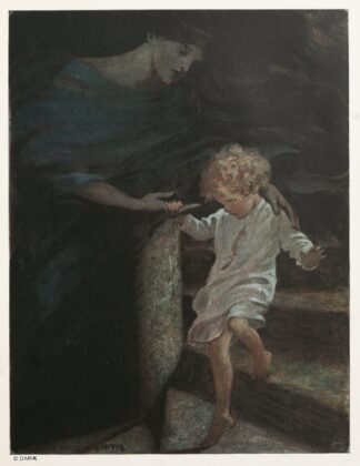 She took his hand, and giving him the broad part of the spiral stair to walk on, led him down a good way by Jessie Willcox Smith