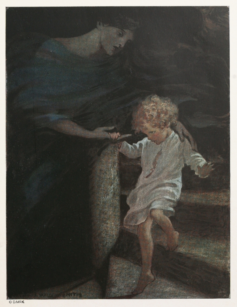 She took his hand, and giving him the broad part of the spiral stair to walk on, led him down a good way by Jessie Willcox Smith