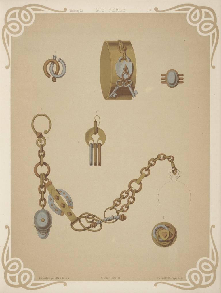 Six Designs For Jewelry, Including Gold Bracelet With Design Of Lock And Two Keys. by Martin Gerlach