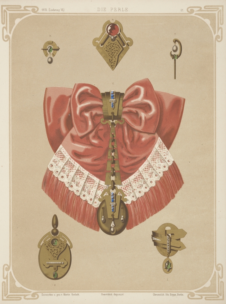 Six Designs For Jewelry, Including Gold Brooch And Pendant With Pink And Lace Bow. by Martin Gerlach