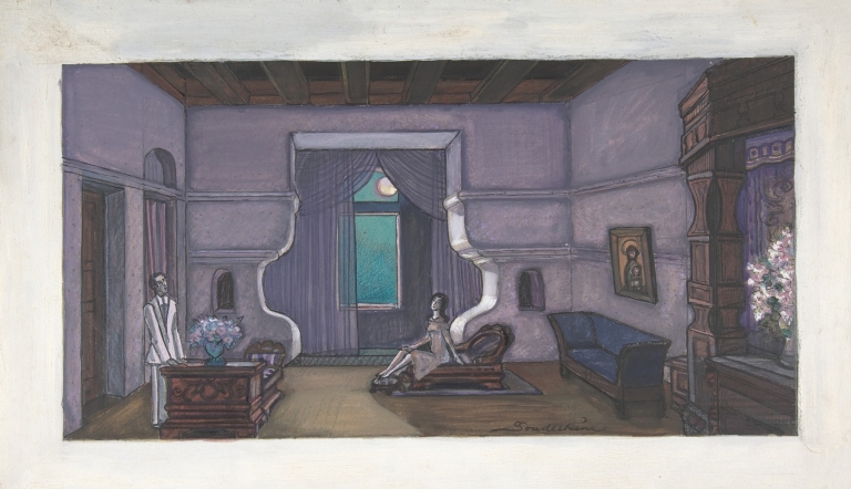 Stage design for Nikita Balieff’s theatrical company called Chauvre-Souris, New York City by Sergey Yurievich Sudeikin