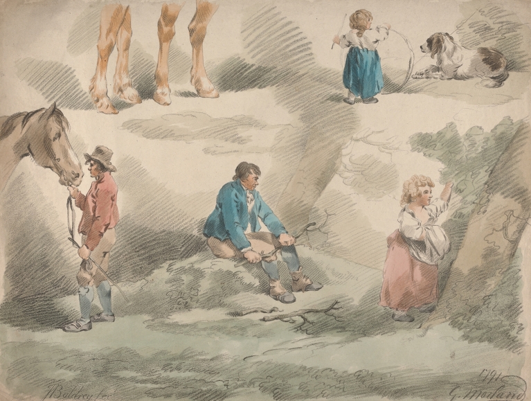 Studies of Girls, one Playing with Hoop, one Picking Berries, Man and Horse, etc. by George Morland