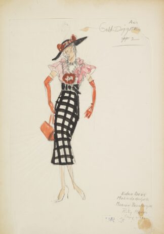 Swing It: Gold Diggers. Black & white skirt, pink blouse, orange gloves, and black hat by Maxine Borowsky